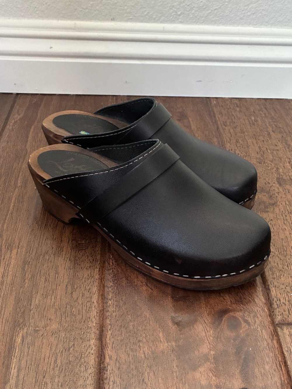 Lotta From Stockholm Wooden Clogs Women Size 38 US 7 Black Leather Slip On Shoes
